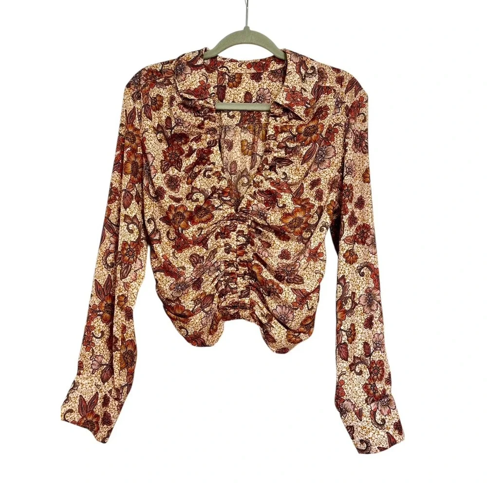 Free People I Got You Cropped Long Sleeve Floral‎ Tan Orange Fall Ruched Top